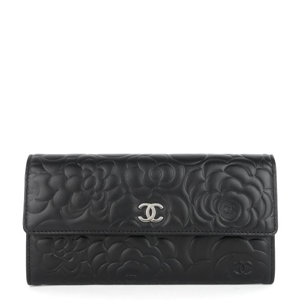 Embossed Camellia Lambskin Flap Wallet